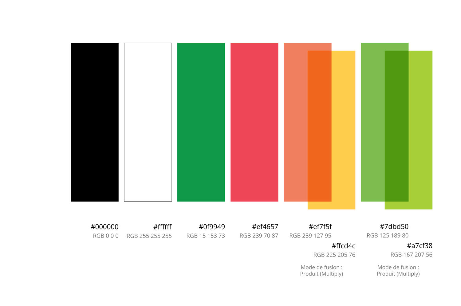 Main color palette with HEX and RGB values.
